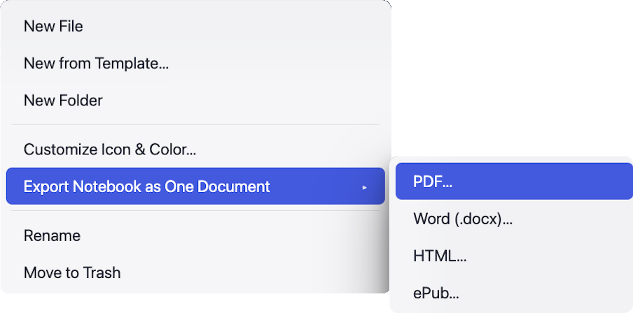 Mint's right-click menu with Export Notebook as One Document highlighted, opening a submenu of PDF, Word, HTML, and ePub.