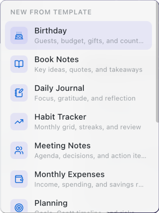 Mint's New from Template menu listing Birthday, Book Notes, Daily Journal, Habit Tracker, Meeting Notes, Monthly Expenses, and Planning, each with a short description.