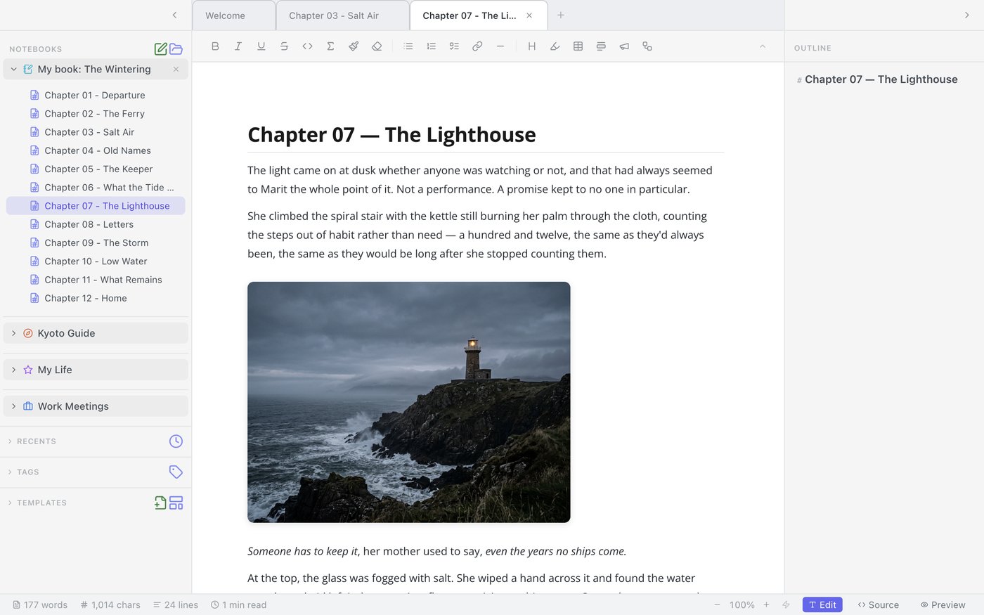 A chapter from a book manuscript in Mint, fully formatted with a heading, prose, and an inline photo — one chapter of twelve in the notebook, ready to export as a single finished document.