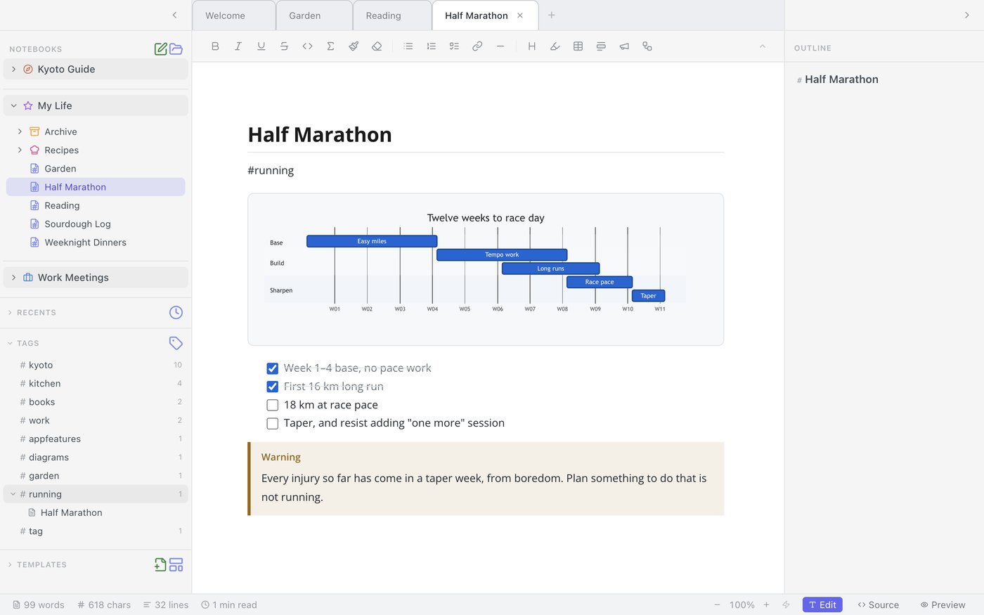 Mint sidebar showing several notebooks and folders, open tabs, and the #tags panel, next to a note with a Gantt chart, a checklist, and a callout box.